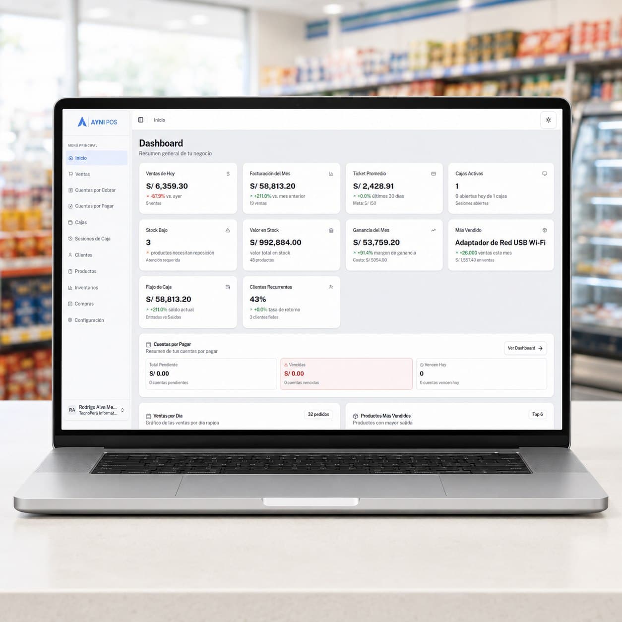 Panel de control de Ayni POS abierto en una laptop, dentro de una tienda