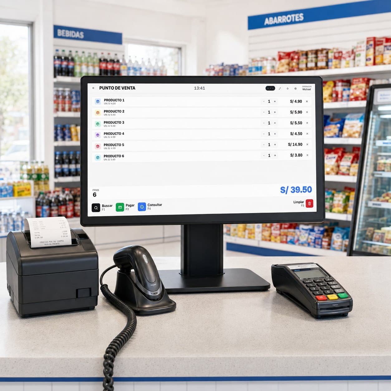 Ayni POS instalado en el mostrador de una tienda, con lector de código de barras, impresora de boletas y POS de tarjeta